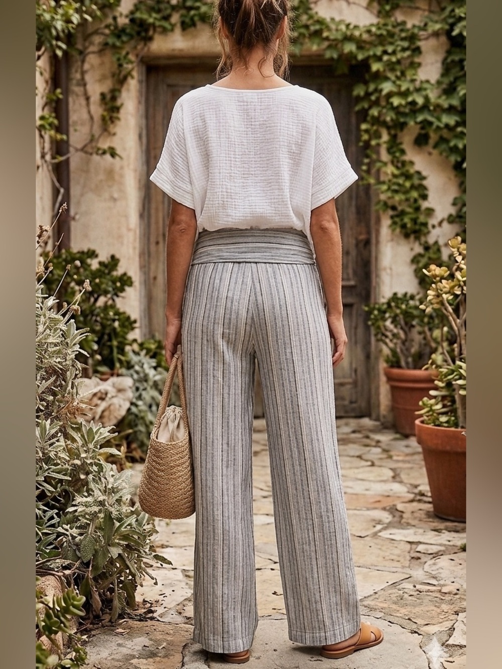 FREE PEOPLE Linen Striped Wide Leg Fold Over Pants - Picture 3 of 7